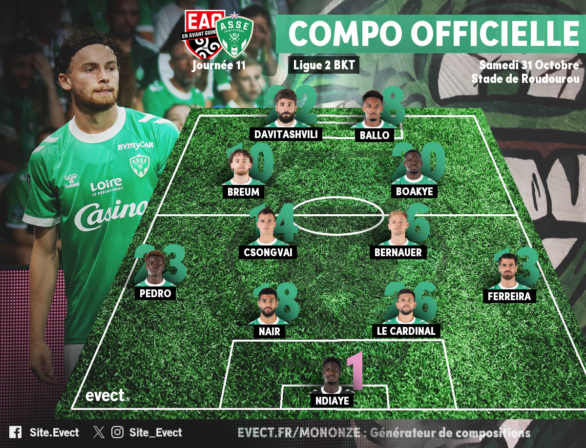 Le onze de départ de l'ASSE face à l'EAG sans Cardona #ASSE